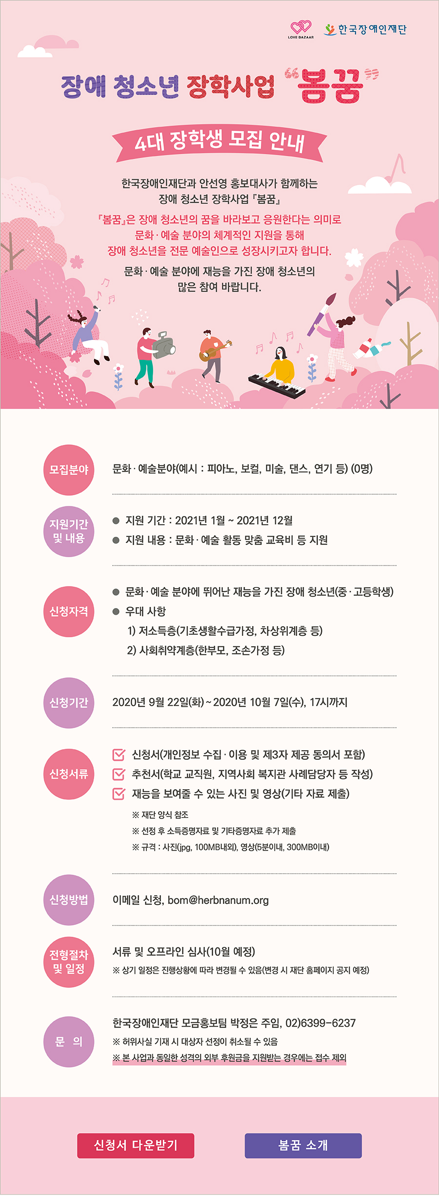 
장애 청소년 장학사업 『봄꿈』
4대 장학생 모집 안내

안선영 홍보대사의 후원으로 한국장애인재단은 장애 청소년 장학사업 『봄꿈』을 진행하고 있습니다. 『봄꿈』은 장애가 차별의 이유가 되지 않게 문화∙예술 분야의 
체계적인 지원을 통해 장애 청소년을 전문 예술인으로 성장시키고자 합니다. 
문화∙예술 분야에 재능을 가진 장애 청소년의 많은 참여 바랍니다.

■ 모집분야 : 문화∙예술분야(예시 : 피아노, 보컬, 미술, 댄스, 연기 등) (0명)

■ 지원기간 및 내용
  ◇ 지원 기간 : 2021년 1월 ~ 2021년 12월
  ◇ 지원 내용 : 문화∙예술 활동 맞춤 교육비 등 지원

■ 신청자격 
  ◇ 문화∙예술 분야에 뛰어난 재능을 가진 장애 청소년(중∙고등학생)
  ◇ 우대 사항 
    1) 저소득층(기초생활수급가정, 차상위계층 등)
    2) 사회취약계층(한부모, 조손가정 등)

■ 신청기간 : 2020년 9월 22일(화)~2020년 10월 7일(수), 17시까지

■ 신청서류(재단 양식 참조)
  1. 신청서(개인정보 수집∙이용 및 제3자 제공 동의서 포함)
  2. 추천서(학교 교직원, 지역사회 복지관 사례담당자 등 작성)
  3. 재능을 보여줄 수 있는 사진 및 영상(기타 자료 제출)
   ※ 선정 후 소득증명자료 및 기타증명자료 추가 제출
   ※ 규격 : 사진(jpg, 100MB내외), 영상(5분이내, 300MB이내)

■ 신청방법 : 이메일 신청, bom@herbnanum.org

■ 전형절차 및 일정 : 서류 및 오프라인 심사(10월 예정)
  ※ 상기 일정은 진행상황에 따라 변경될 수 있음(변경 시 재단 홈페이지 공지 예정)

■ 문의 : 한국장애인재단 모금홍보팀 박정은 주임, 02)6399-6237
  ※ 허위사실 기재 시 대상자 선정이 취소될 수 있음
  ※ 본 사업과 동일한 성격의 외부 후원금을 지원받는 경우에는 접수 제외
